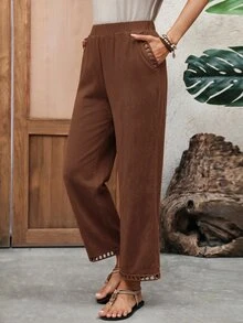 EMERY ROSE Women's Solid Color Casual Boho Versatile Daily Vacation Holiday Travel Long Pants Shades Of Brown Summer Everyday - Brown - View 7