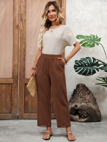EMERY ROSE Women's Solid Color Casual Boho Versatile Daily Vacation Holiday Travel Long Pants Shades Of Brown Summer Everyday - Brown - View 3
