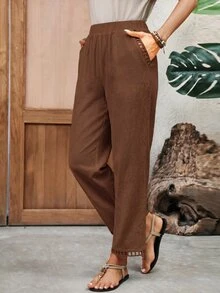 EMERY ROSE Women's Solid Color Casual Boho Versatile Daily Vacation Holiday Travel Long Pants Shades Of Brown Summer Everyday - Brown - View 6
