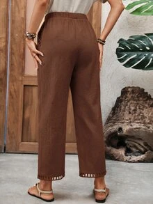EMERY ROSE Women's Solid Color Casual Boho Versatile Daily Vacation Holiday Travel Long Pants Shades Of Brown Summer Everyday - Brown - View 2