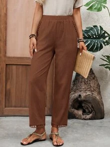 EMERY ROSE Women's Solid Color Casual Boho Versatile Daily Vacation Holiday Travel Long Pants Shades Of Brown Summer Everyday - Brown - View 8