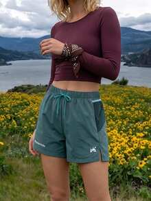 WanderVale Women's Letter Print Drawstring Waist Zipper Outdoor Shorts - Dark Green - View 1