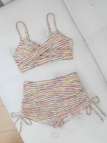 Swim Vcay 女款夏季海灘度假白色交叉扭結比基尼泳衣套裝，波西米亞風細肩帶比基尼上衣與側抽繩泳褲 - 彩色 - 查看 4