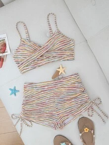 Swim Vcay 女款夏季海灘度假白色交叉扭結比基尼泳衣套裝，波西米亞風細肩帶比基尼上衣與側抽繩泳褲 - 彩色 - 查看 6