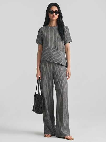 Ontre Striped Fabric Navy Blue & White Comfortable Skin-Friendly Women's Office Wear Low-Key Old Money Style High-End Urban Commute High-Quality Airport Wear Cruise Wear Wedding Guest Outfit Holiday Attire Elegant Wedding Guest Dress Minimalist Quiet Luxury Texture Essential Outfit High-End Material All-Season Versatile Holiday Clothing Romantic Date Outfit Casual Themed Series Design Women's 2-Piece Set