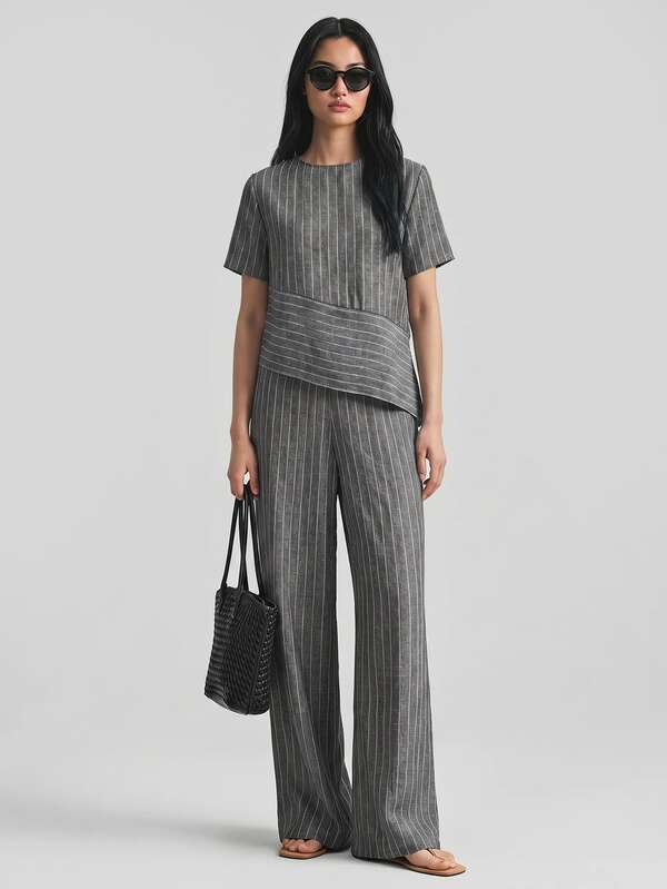 Ontre Striped Fabric Navy Blue & White Comfortable Skin-Friendly Women's Office Wear Low-Key Old Money Style High-End Urban Commute High-Quality Airport Wear Cruise Wear Wedding Guest Outfit Holiday Attire Elegant Wedding Guest Dress Minimalist Quiet Luxury Texture Essential Outfit High-End Material All-Season Versatile Holiday Clothing Romantic Date Outfit Casual Themed Series Design Women's 2-Piece Set