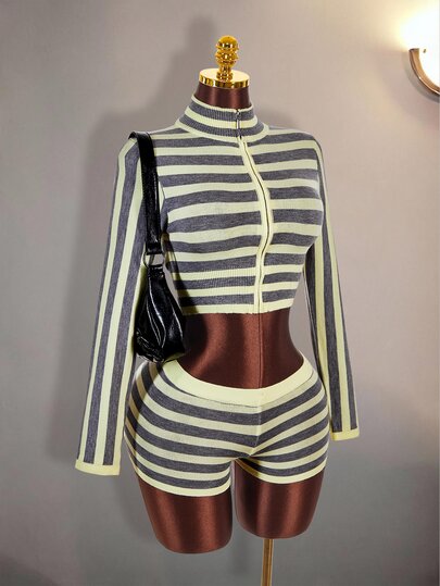 Amplova Women's Striped Colorblock Cropped Long Sleeve Knit Top And Knit Shorts 2 Pieces Set