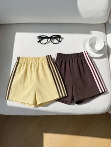 SHEIN 兒童青少年女孩 2件組 黃色與棕色側條紋彈性腰休閒短褲 健身夏季運動短褲套裝 - 彩色 - 查看 2