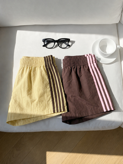 SHEIN Ensemble 2 pièces de shorts d'été décontractés pour fille ado, jaunes et marron, avec rayures latérales, taille élastique, style sport/gym