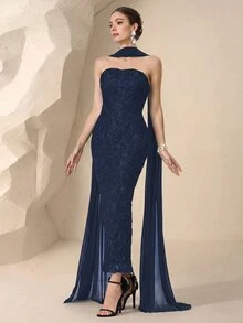 Coutiva Luxury Evening Dress, High-End Glamorous Formal Dress, Elegant For Gala - Navy Blue - View 5