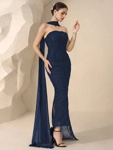 Coutiva Luxury Evening Dress, High-End Glamorous Formal Dress, Elegant For Gala - Navy Blue - View 3