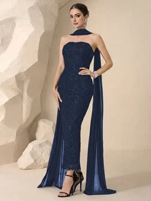 Coutiva Luxury Evening Dress, High-End Glamorous Formal Dress, Elegant For Gala - Navy Blue - View 1