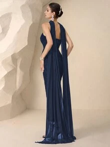 Coutiva Luxury Evening Dress, High-End Glamorous Formal Dress, Elegant For Gala - Navy Blue - View 2