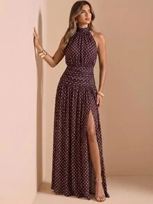 SHEIN BAE Autumn/Winter Solid Brown Polka Dot Women's Halter Neck Ruched Sexy Backless High Slit Extra Long Elegant Umbrella Dress, Suitable For Cocktail Party - Brown - View 3
