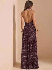 SHEIN BAE Autumn/Winter Solid Brown Polka Dot Women's Halter Neck Ruched Sexy Backless High Slit Extra Long Elegant Umbrella Dress, Suitable For Cocktail Party - Brown - View 2