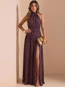 SHEIN BAE Autumn/Winter Solid Brown Polka Dot Women's Halter Neck Ruched Sexy Backless High Slit Extra Long Elegant Umbrella Dress, Suitable For Cocktail Party - Brown - View 6