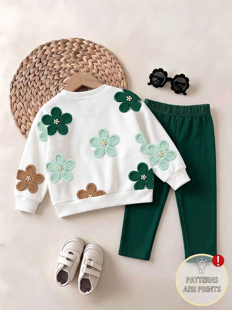 SHEIN Autumn/Winter Casual Fashion Girls Cute Fresh Faux Flower Print Sweatshirt American College Style Print Design Crew Neck Sweatshirt Leggings Set Personalized Versatile Autumn/Winter Girls Toddler Sweatshirt Leggings Suitable For Girls 4Y-7Y - White - View 5