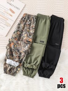 SHEIN 3件組兒童青少年男孩休閒運動寬鬆收口純色工裝褲，適合通勤、上學、日常穿著、度假、旅行、運動，四季皆宜 - 彩色 - 查看 4