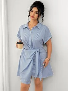 Elenzga Women's Casual Plus Size Striped Tie Wrap Dress - Multicolor - View 10