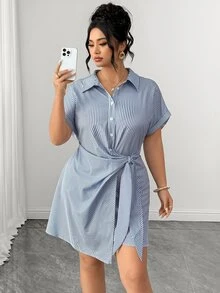 Elenzga Women's Casual Plus Size Striped Tie Wrap Dress - Multicolor - View 4