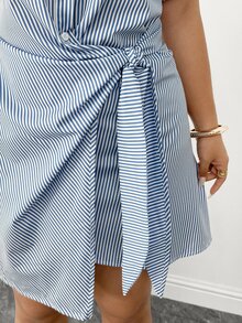 Elenzga Women's Casual Plus Size Striped Tie Wrap Dress - Multicolor - View 6