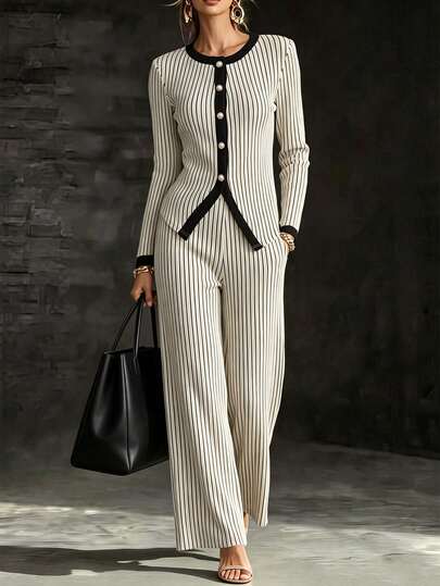 Trelyra Women's Elegant Black & White Striped Colorblock 2 Pieces Set, Long Sleeve Boat Neck Button-Up Fitted Top & High Waist Straight Leg Pants, Autumn Workwear, Women's Commuter Outfit, Striped Women's Set