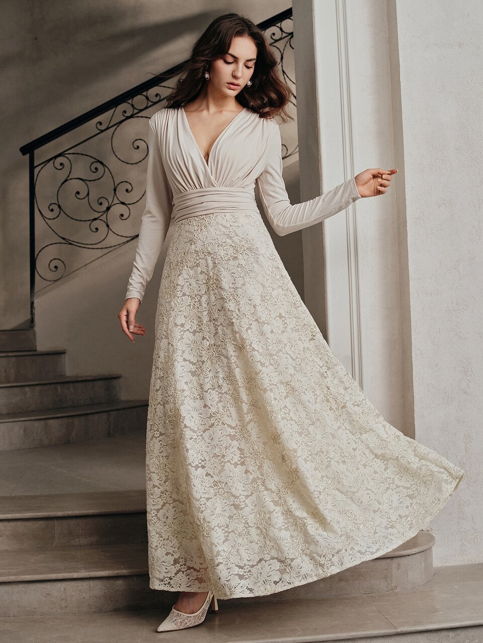 Anewsta French Sycamore Autumn V-Neck Heavy Chenille Dress Vintage Apricot Elegant Luxury Long Dress For Women