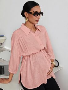 MaterniWear 時尚編織素色休閒戶外寬鬆版型翻領收腰抽繩孕婦女式襯衫 - 藕粉色 - 查看 4