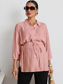 MaterniWear 時尚編織素色休閒戶外寬鬆版型翻領收腰抽繩孕婦女式襯衫 - 藕粉色 - 查看 3