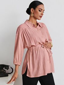MaterniWear 時尚編織素色休閒戶外寬鬆版型翻領收腰抽繩孕婦女式襯衫 - 藕粉色 - 查看 6