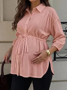 MaterniWear 時尚編織素色休閒戶外寬鬆版型翻領收腰抽繩孕婦女式襯衫 - 藕粉色 - 查看 1