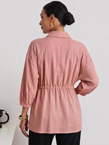 MaterniWear 時尚編織素色休閒戶外寬鬆版型翻領收腰抽繩孕婦女式襯衫 - 藕粉色 - 查看 2