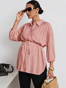 MaterniWear 時尚編織素色休閒戶外寬鬆版型翻領收腰抽繩孕婦女式襯衫 - 藕粉色 - 查看 5