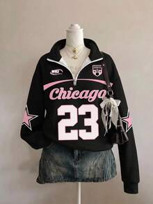 SHEIN EZwear 女款休閒極簡運動街頭風百搭上衣，適合派對、學校、日常聚會、機場穿搭，Y2K風格數字字母學院風印花 - 彩色 - 查看 1