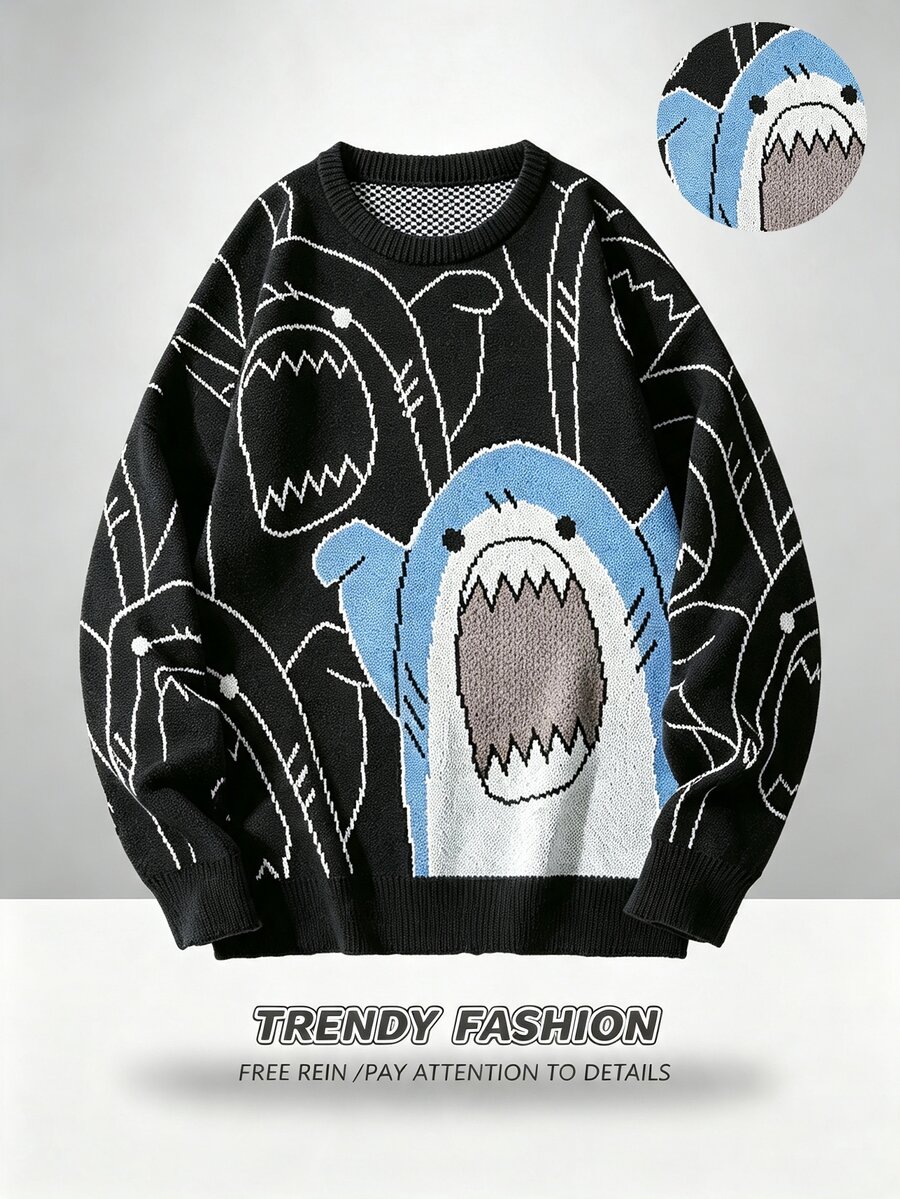 Marcello Vane Men's Casual Cartoon Pattern Sweater, Autumn/Winter - Black - View 1