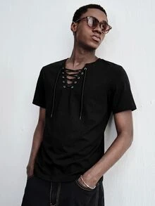 ROMWE MEN Street Life Kaos Lengan Pendek Pria dengan Desain Tali Pengikat, Kasual, Serbaguna untuk Sehari-hari - Hitam - View 3