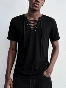 ROMWE MEN Street Life Kaos Lengan Pendek Pria dengan Desain Tali Pengikat, Kasual, Serbaguna untuk Sehari-hari - Hitam - View 4