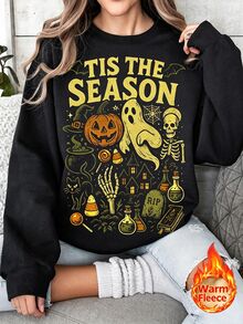 SHEIN 女款 Tis The Season 萬聖節可愛南瓜幽靈圖案圓領套頭衛衣 秋季保暖抓絨冬季大尺碼上衣 - 彩色 - 查看 1
