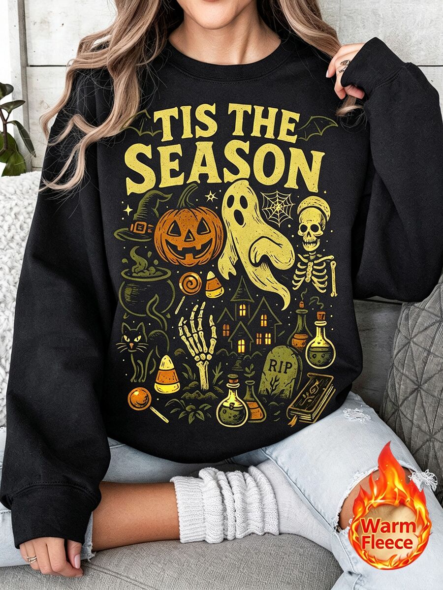 SHEIN 女款 Tis The Season 萬聖節可愛南瓜幽靈圖案圓領套頭衛衣 秋季保暖抓絨冬季大尺碼上衣 - 彩色 - 查看 1