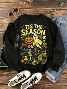 SHEIN 女款 Tis The Season 萬聖節可愛南瓜幽靈圖案圓領套頭衛衣 秋季保暖抓絨冬季大尺碼上衣 - 彩色 - 查看 3