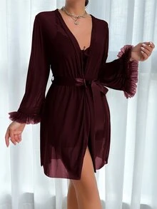 Slumberist 2pcs Set: Fishbone Style Cinch Waist Lace Cami Nightgown & Wide Sleeve Mesh Robe - Maroon - View 6
