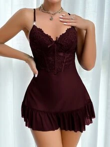 Slumberist 2pcs Set: Fishbone Style Cinch Waist Lace Cami Nightgown & Wide Sleeve Mesh Robe - Maroon - View 5