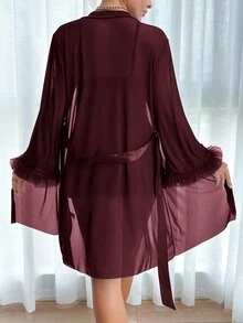 Slumberist 2pcs Set: Fishbone Style Cinch Waist Lace Cami Nightgown & Wide Sleeve Mesh Robe - Maroon - View 2