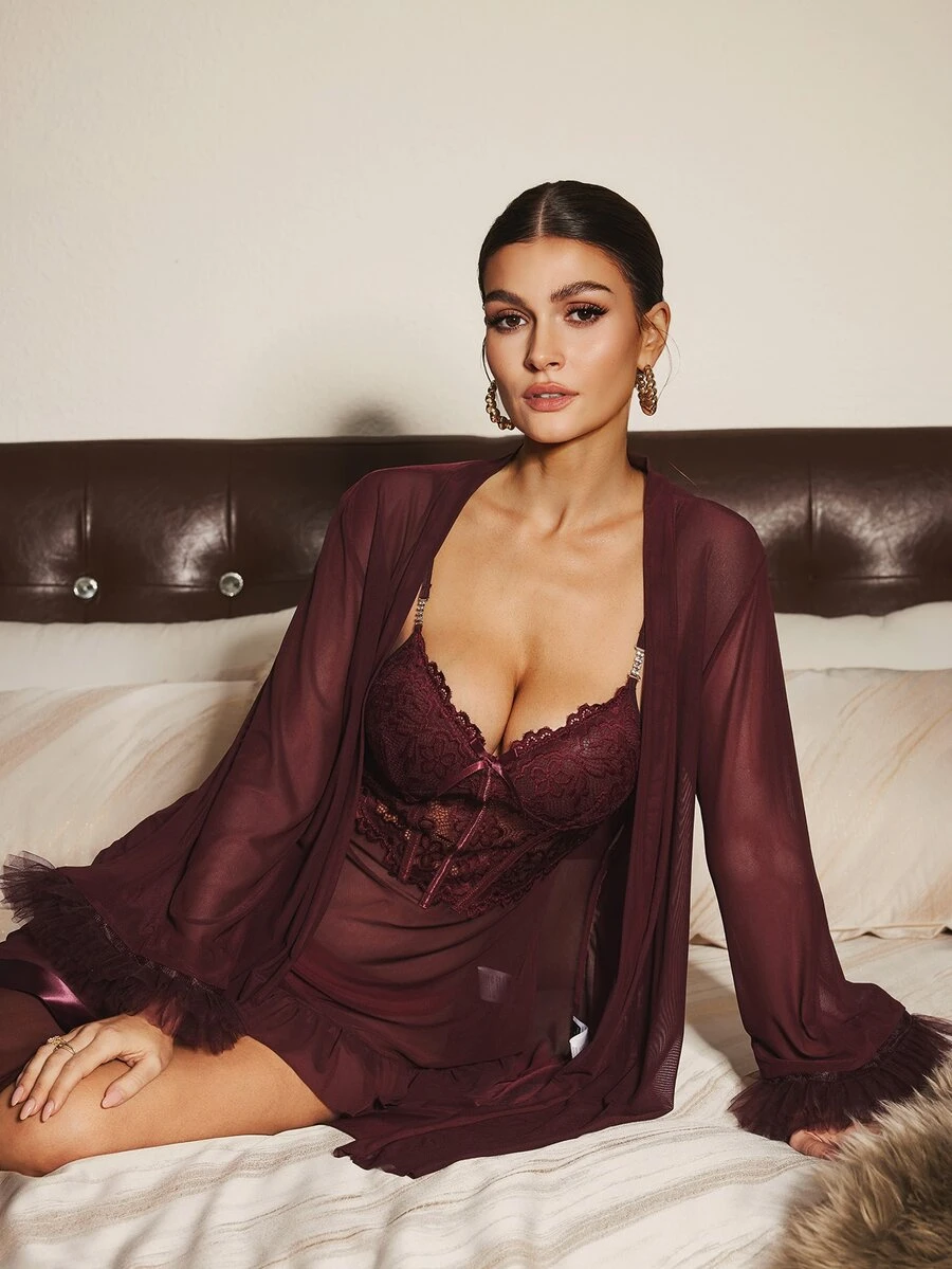 Slumberist 2pcs Set: Fishbone Style Cinch Waist Lace Cami Nightgown & Wide Sleeve Mesh Robe - Maroon - View 1