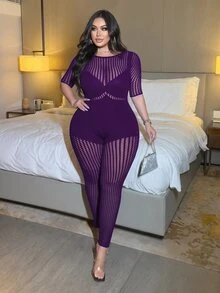 NU&NOW 女款大尺碼短袖鏤空性感連身褲 - 紫色 - 查看 3