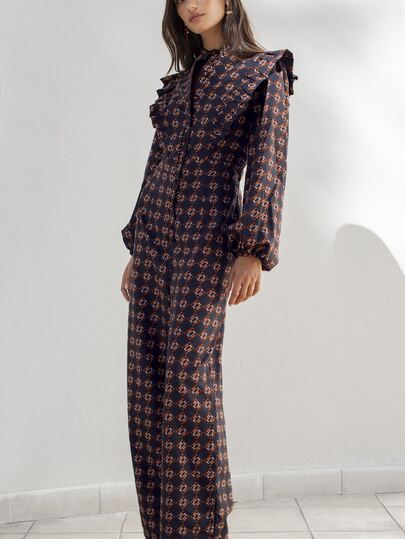 Nöista Brown Geometric Print Jumpsuit With Cinched Waist. Fall, Casual Chic And Elegant Style.