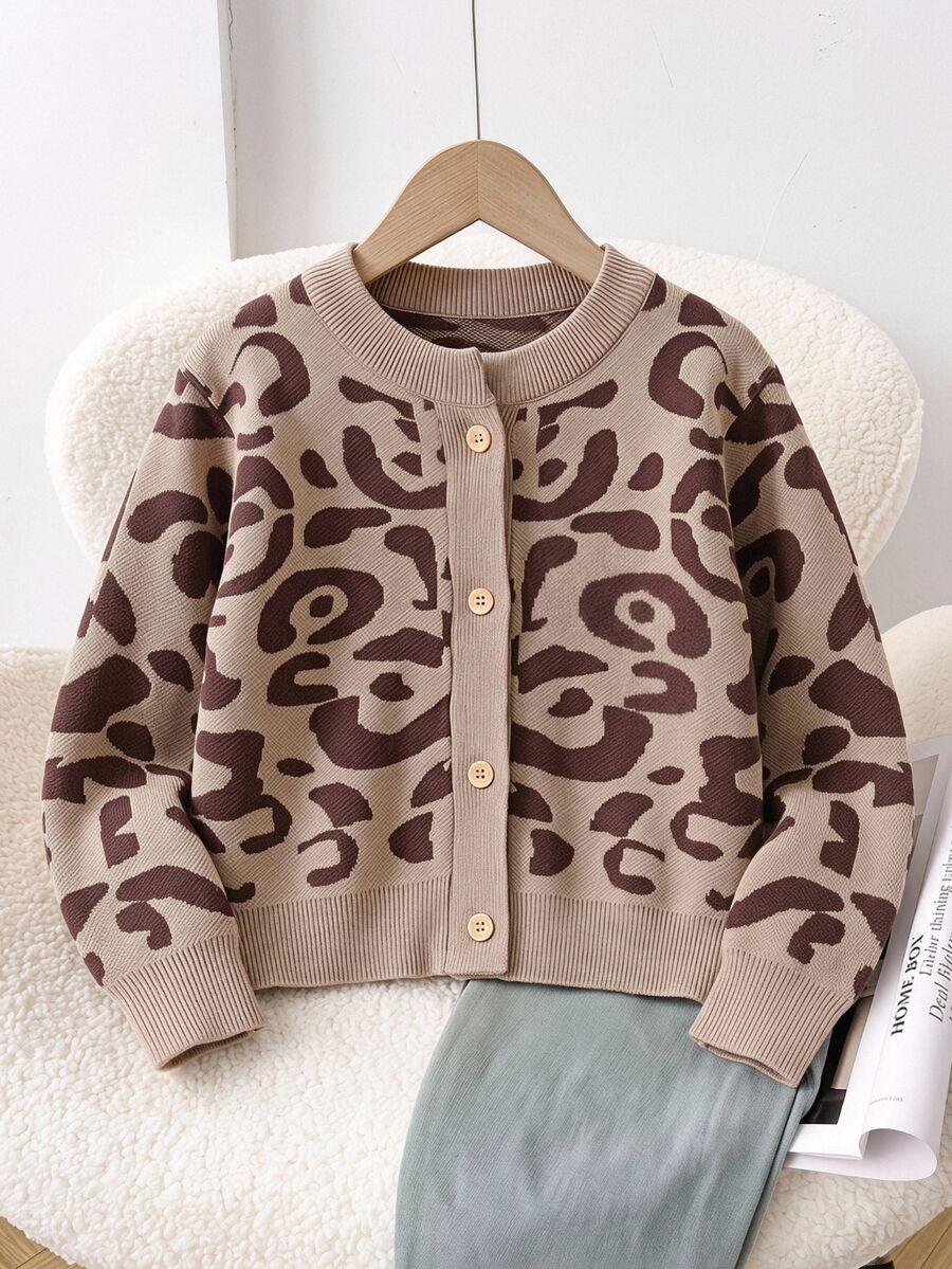 SHEIN Baby Girl Cute Leopard Print Long Sleeve Cardigan Sweater, Suitable For Autumn/Winter Family Matching First Birthday Photoshoot Light Beige Kawaii - Multicolor - View 1