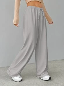 SHEIN Tall Soft White Knitted Home Baggy Pants, Loose Pants - Grey - View 3