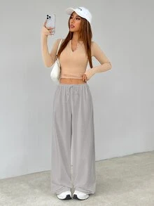 SHEIN Tall Soft White Knitted Home Baggy Pants, Loose Pants - Grey - View 6