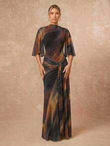 Lumalex Autumn Boat Neck Soft Flowy Mesh Multi-Layer Flared Long Sleeve Cinched Ruched-Up Ribbon Full Dress Women's Beach Birthday Wedding Dark Blue - Multicolor - View 6